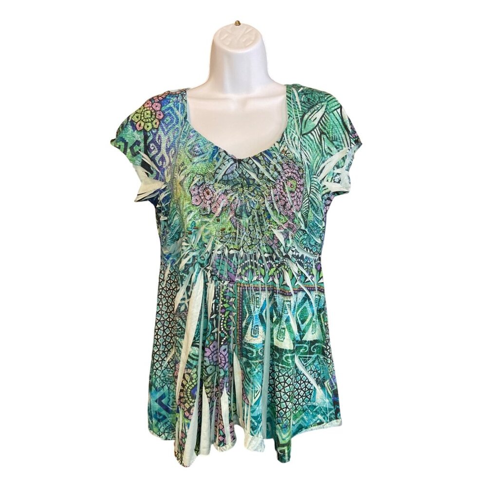 New Directions Womens Tunic Top  PL Babydoll Green Patchwork Beaded Boho Retro
